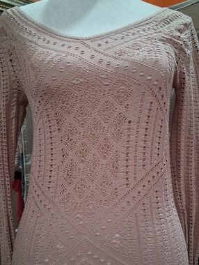 Women's Blush Pink Crochet Knit Long-Sleeve Blouse